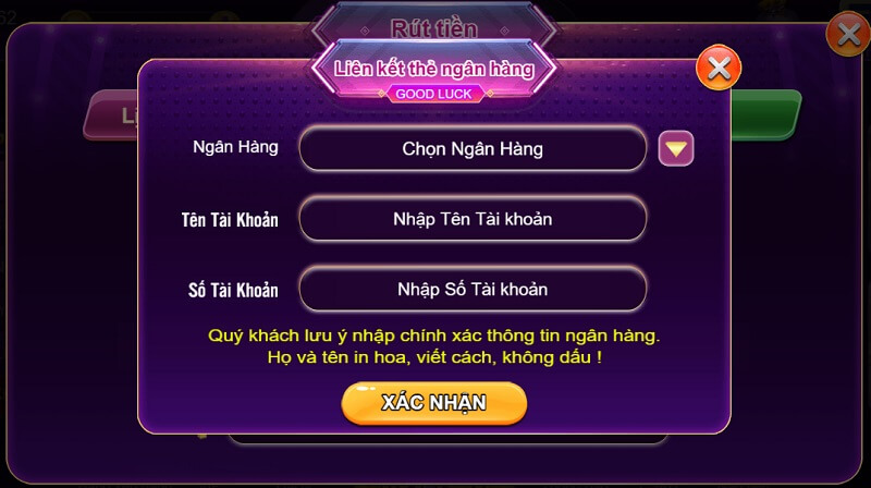 Nhập thông tin liên quan đến tài khoản ngân hàng để rút tiền thưởng