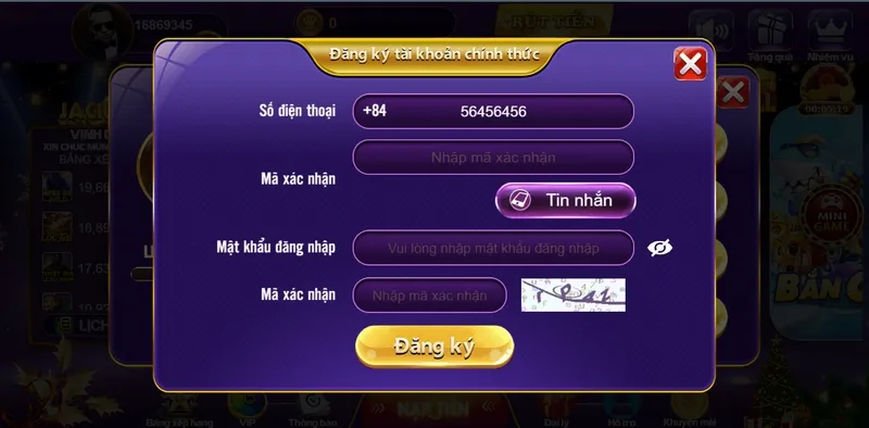 Điền thông tin đăng ký tài khoản chơi bầu cua mini 68 game bài