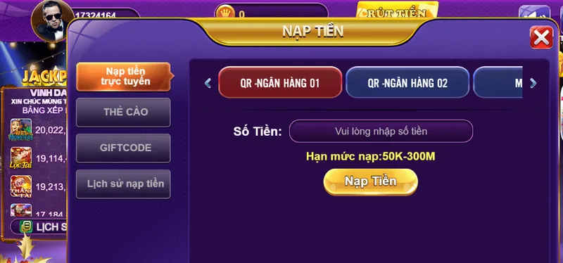 Nạp tiền vào ví cược để tiến hành cược game